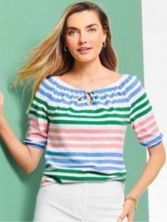 Talbots Tops - Talbots Striped Peasant Short Sleeve Top in Blue, Green & Pink XS